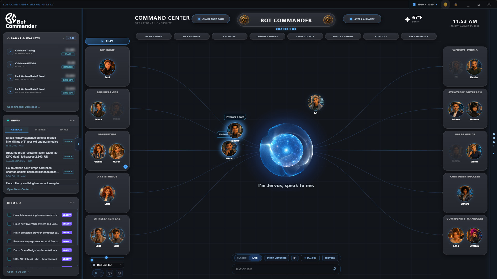 Banks and Wallets panel inside the current Bot Commander Command Center