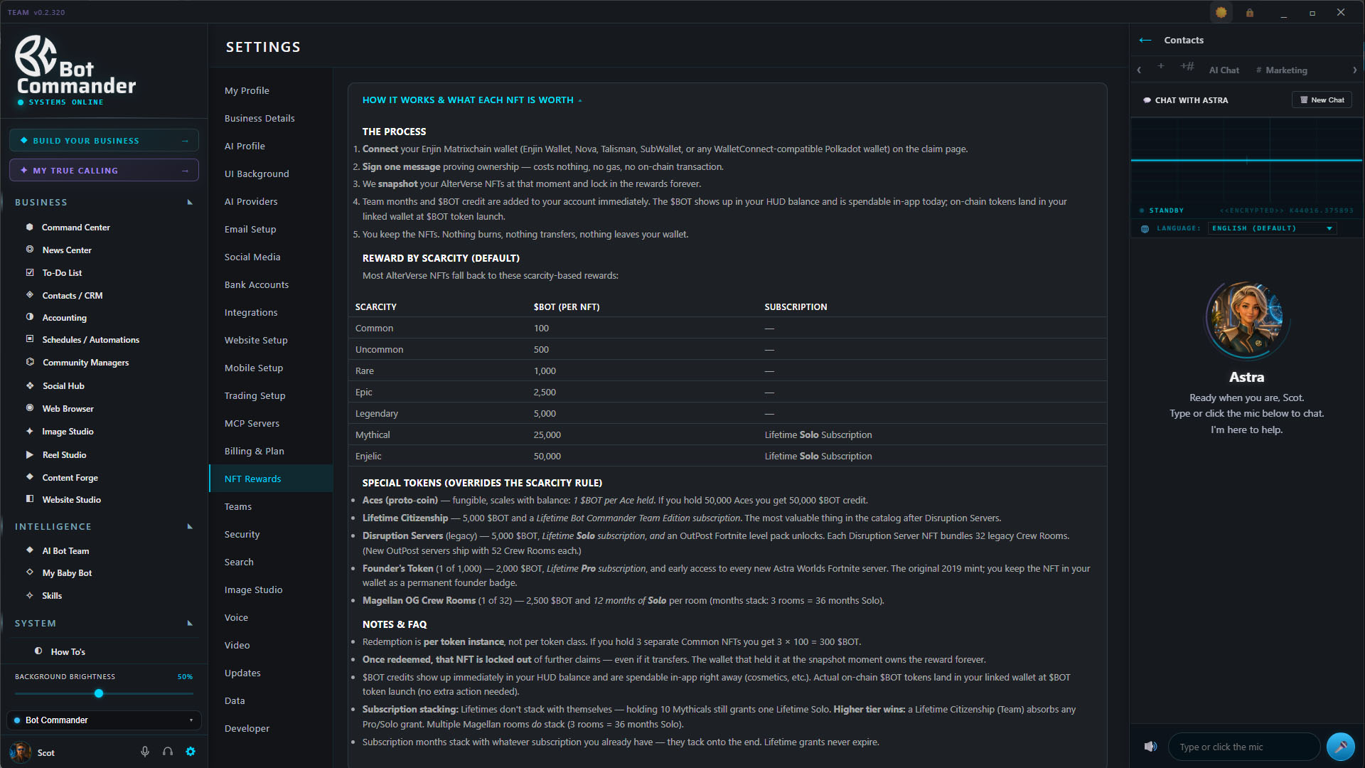NFT Rewards panel inside Bot Commander